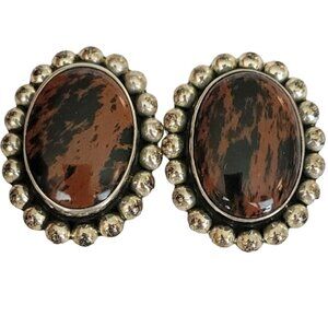 Sterling 925 Mexico Mahogany Obsidian Oval Clip On Earrings K49